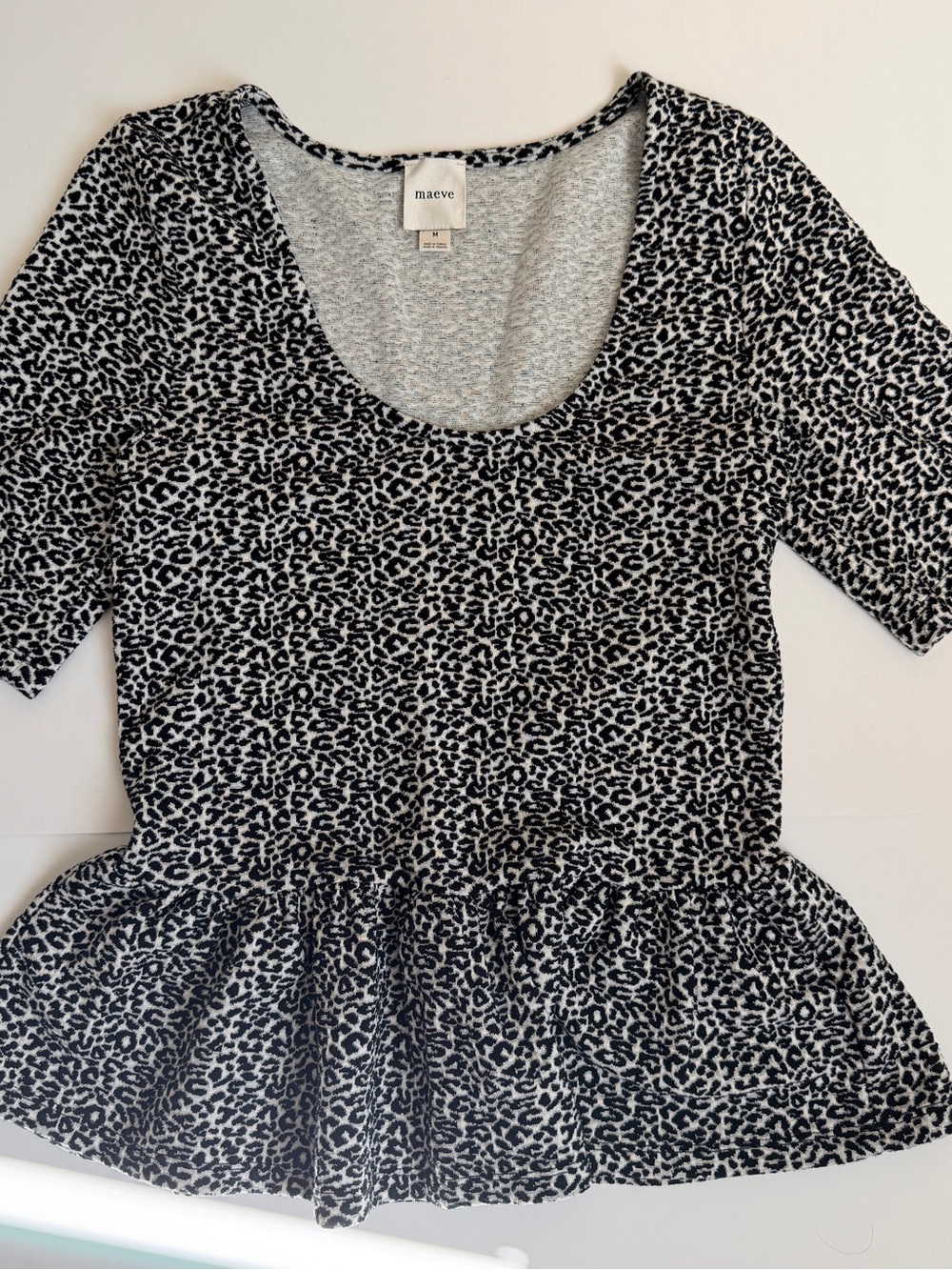Anthropologie Maeve Black and White Leopard Peplum Top size M